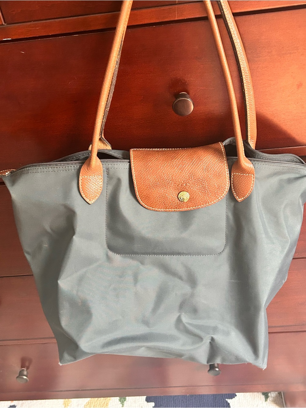 Longchamp Nylon Tote in Black with Tan Leather Handles